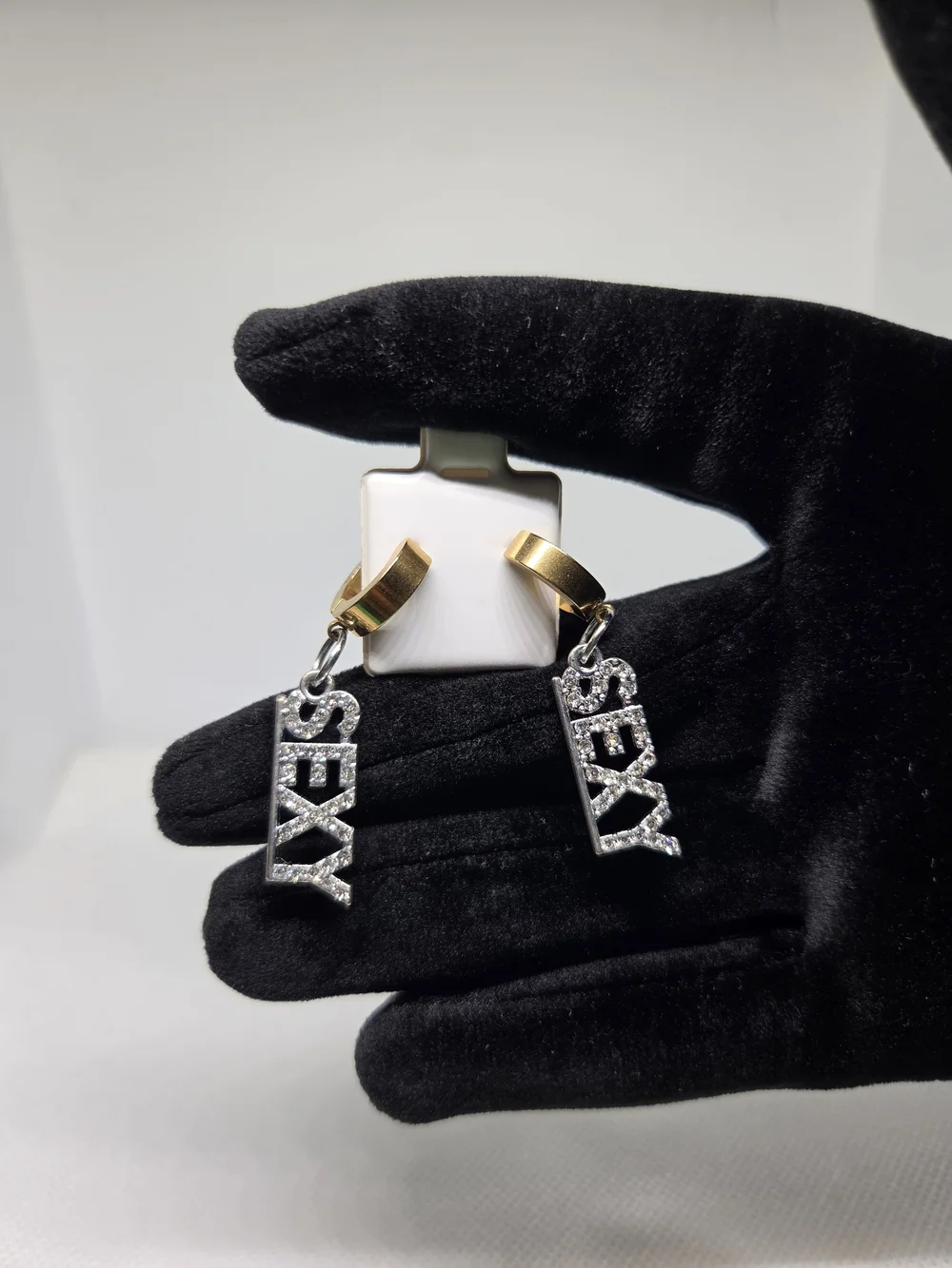 Gold Hoop Earrings with 'SEXY' Crystal Pendant - Gold